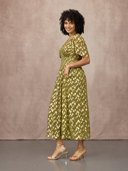 Maddie Angel Sleeve Lurex Dress - Olive Green & Gold
