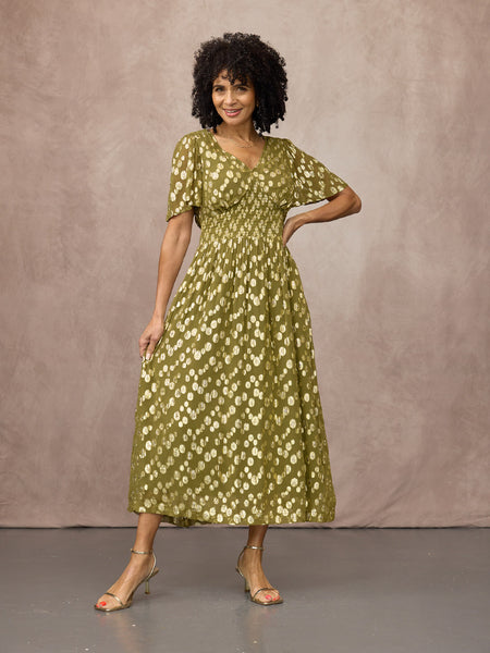 Maddie Angel Sleeve Lurex Dress - Olive Green & Gold