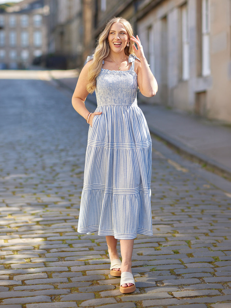 anne klein white and blue stripes bow dress Joan Bow Strap Dress