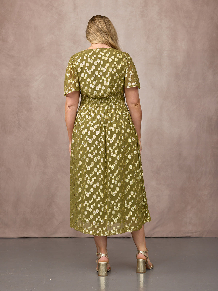 Maddie Angel Sleeve Lurex Dress - Olive Green & Gold