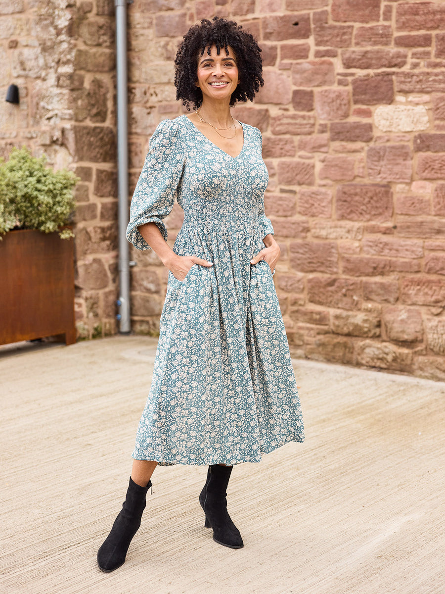 Maddie Long Sleeve V-Neck Dress - Teal Leaf Print