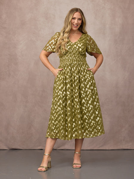 Maddie Angel Sleeve Lurex Dress - Olive Green & Gold