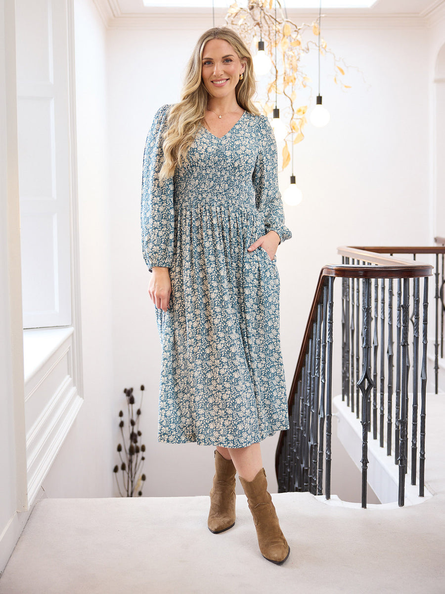 Maddie Long Sleeve V-Neck Dress - Teal Leaf Print