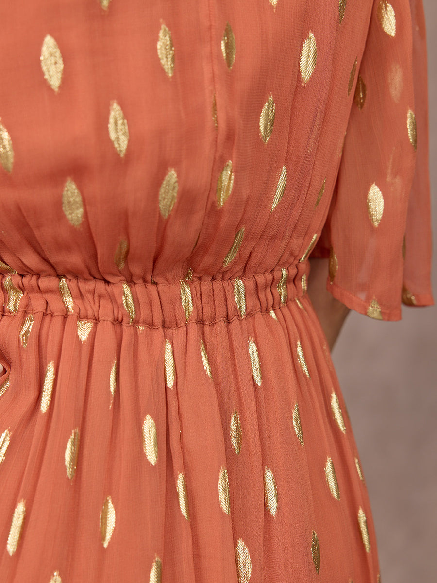 Helena Elbow Length Sleeve Lurex Dress - Cinnamon & Gold