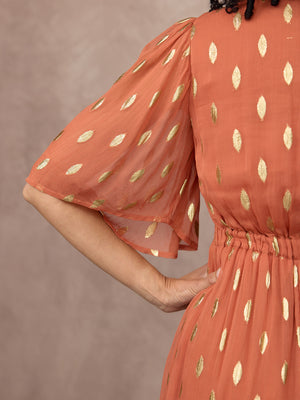 Helena Elbow Length Sleeve Lurex Dress - Cinnamon & Gold
