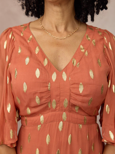 Helena Elbow Length Sleeve Lurex Dress - Cinnamon & Gold