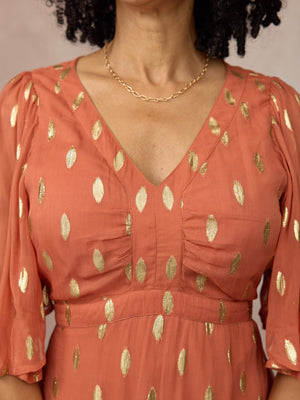 Helena Elbow Length Sleeve Lurex Dress - Cinnamon & Gold