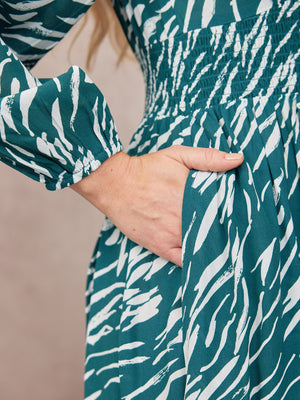 Maddie V-Neck Long Sleeve Dress - Abstract Animal Green & Ecru Print