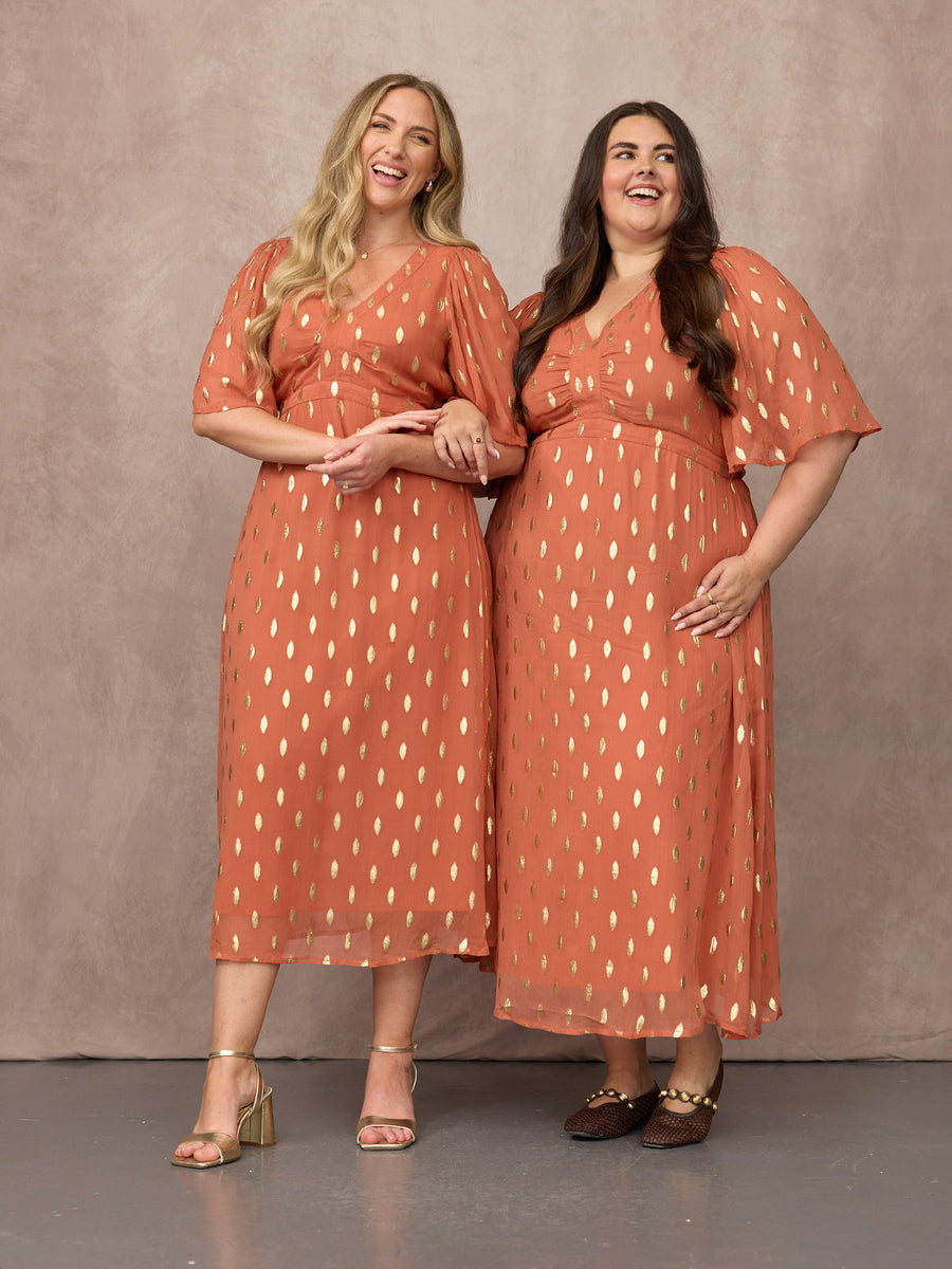 Helena Elbow Length Sleeve Lurex Dress - Cinnamon & Gold