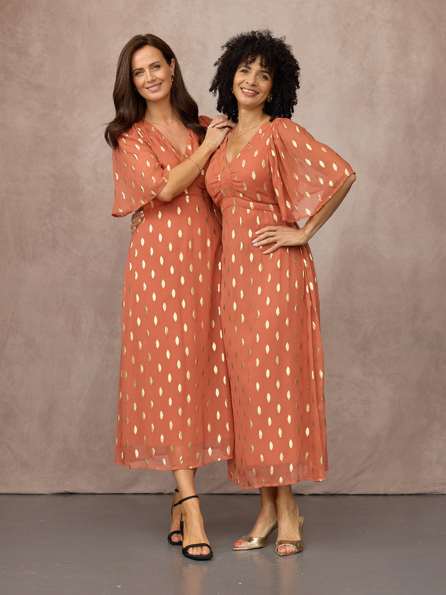 Helena Elbow Length Sleeve Lurex Dress - Cinnamon & Gold