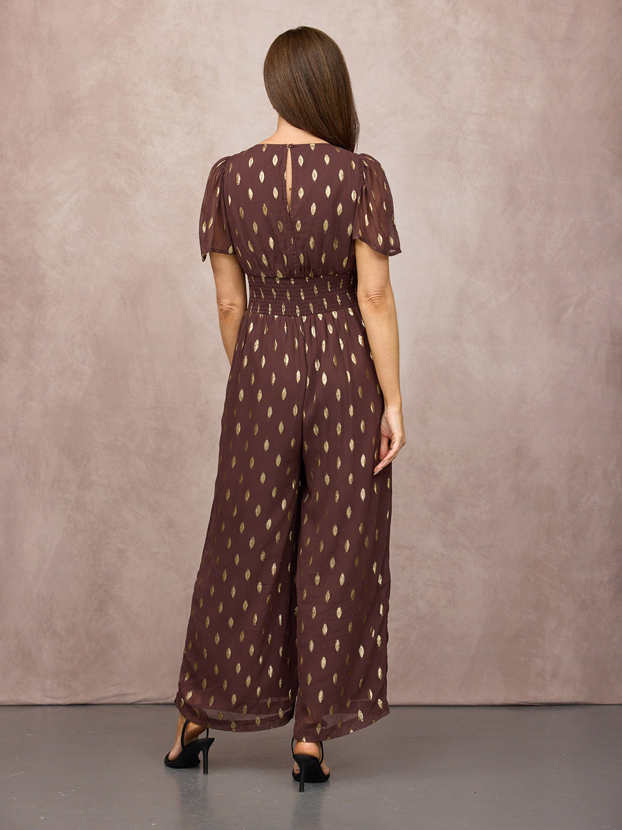 Shelly V-Neck Lurex Jumpsuit - Chocolate & Gold