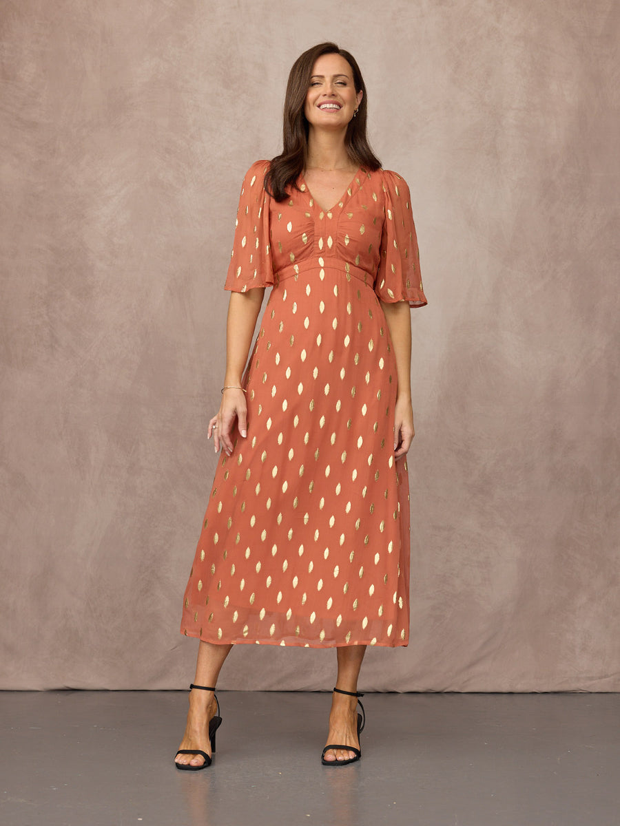 Helena Elbow Length Sleeve Lurex Dress - Cinnamon & Gold