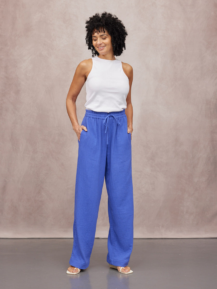 Joy Cotton Crinkle Trouser - Cobalt Blue