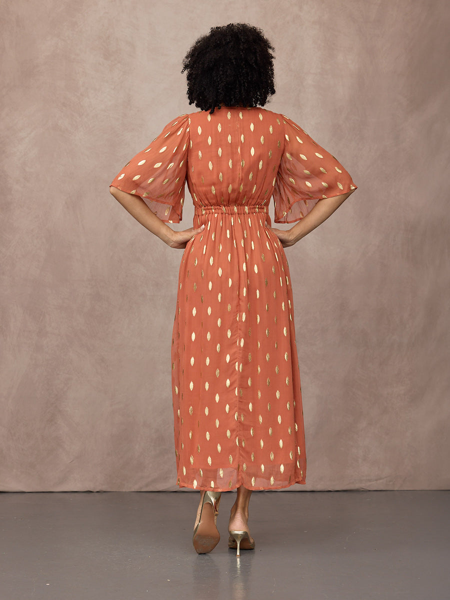Helena Elbow Length Sleeve Lurex Dress - Cinnamon & Gold