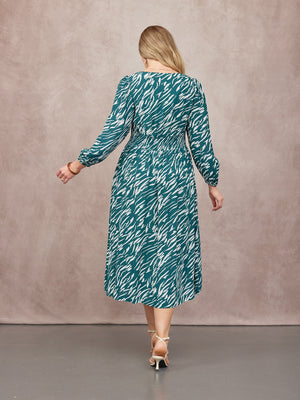 Maddie V-Neck Long Sleeve Dress - Abstract Animal Green & Ecru Print