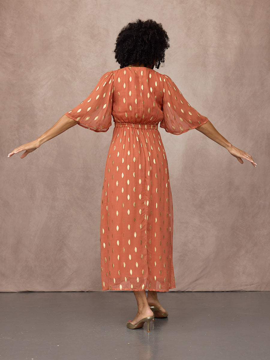 Helena Elbow Length Sleeve Lurex Dress - Cinnamon & Gold