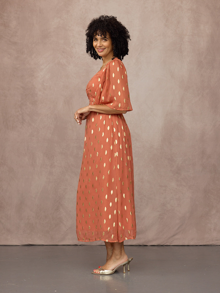 Helena Elbow Length Sleeve Lurex Dress - Cinnamon & Gold