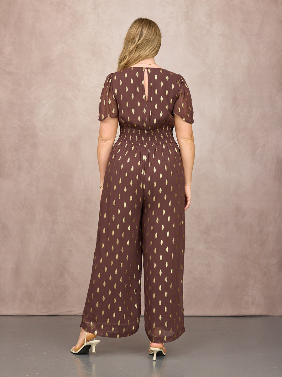 Shelly V-Neck Lurex Jumpsuit - Chocolate & Gold
