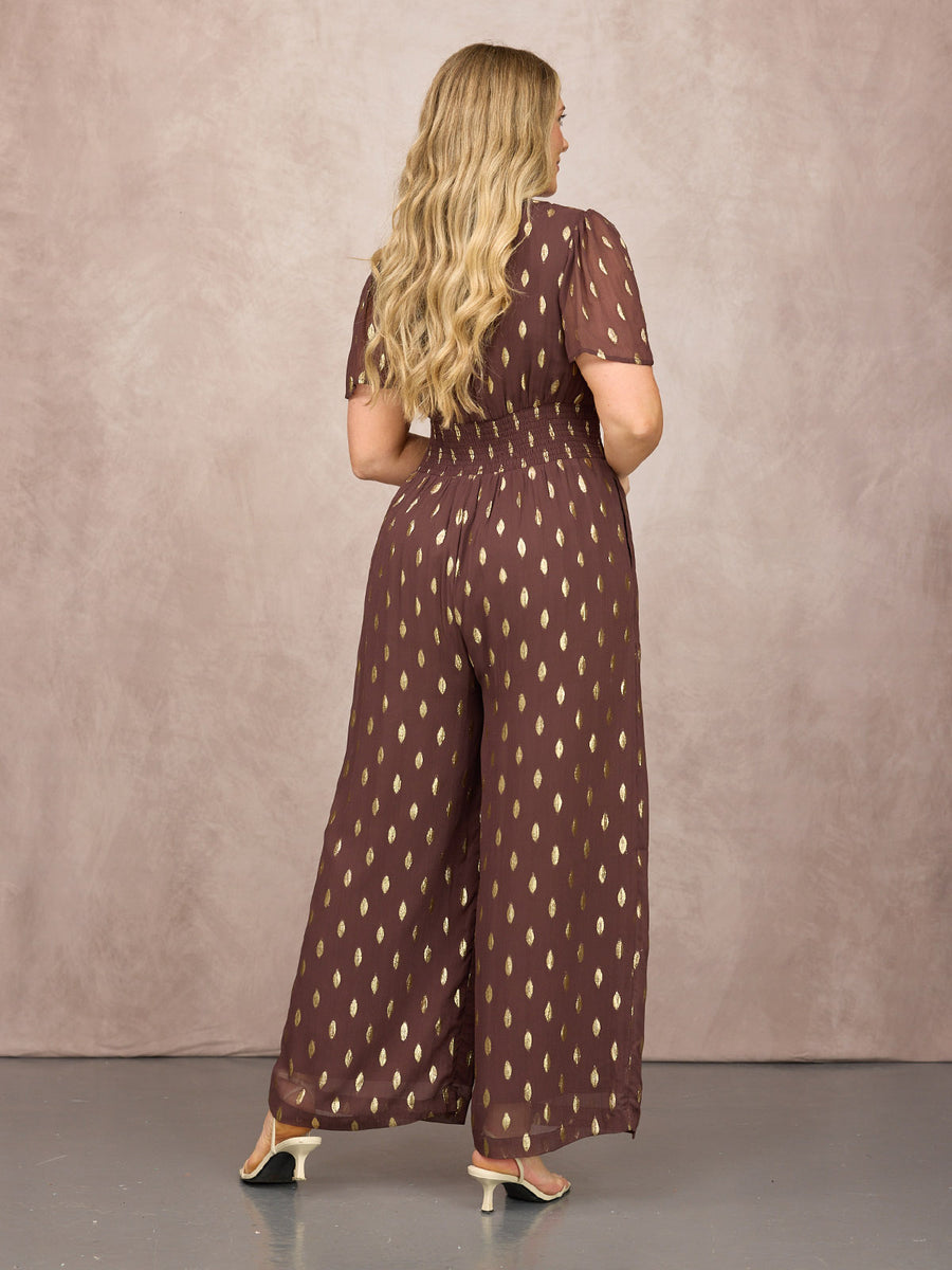 Shelly V-Neck Lurex Jumpsuit - Chocolate & Gold