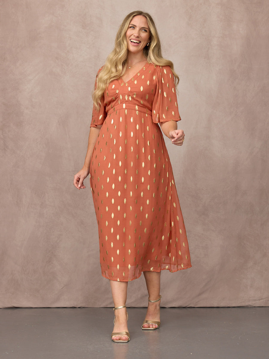 Helena Elbow Length Sleeve Lurex Dress - Cinnamon & Gold