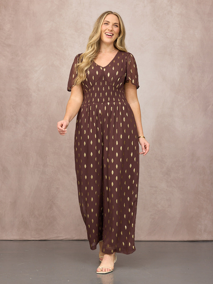 Shelly V-Neck Lurex Jumpsuit - Chocolate & Gold