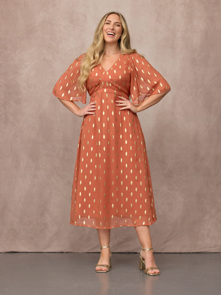 Helena Elbow Length Sleeve Lurex Dress - Cinnamon & Gold