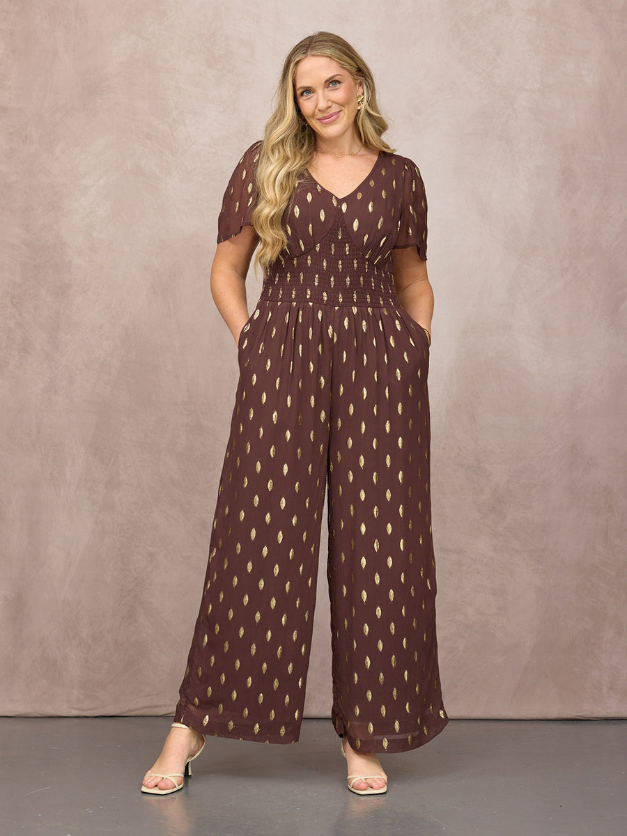 Shelly V-Neck Lurex Jumpsuit - Chocolate & Gold