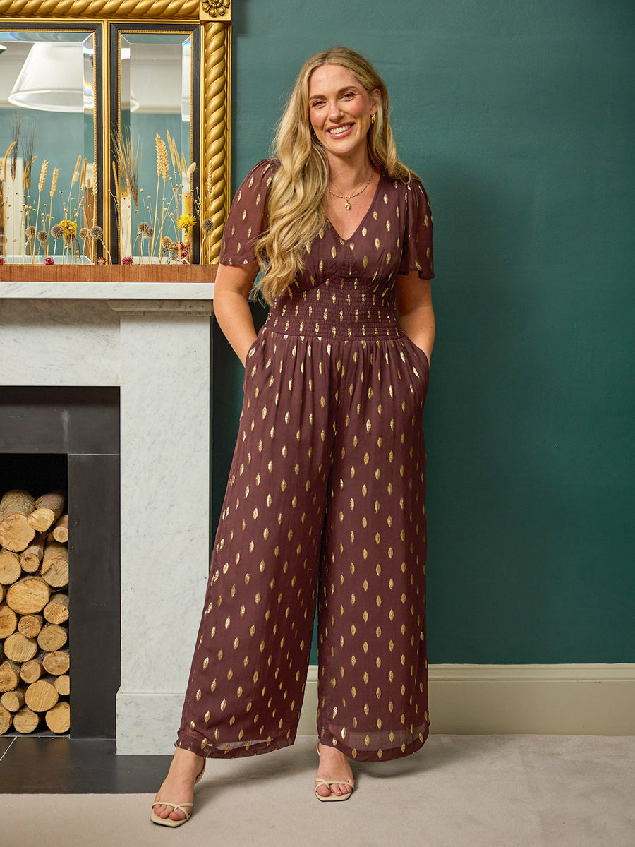 Shelly V-Neck Lurex Jumpsuit - Chocolate & Gold