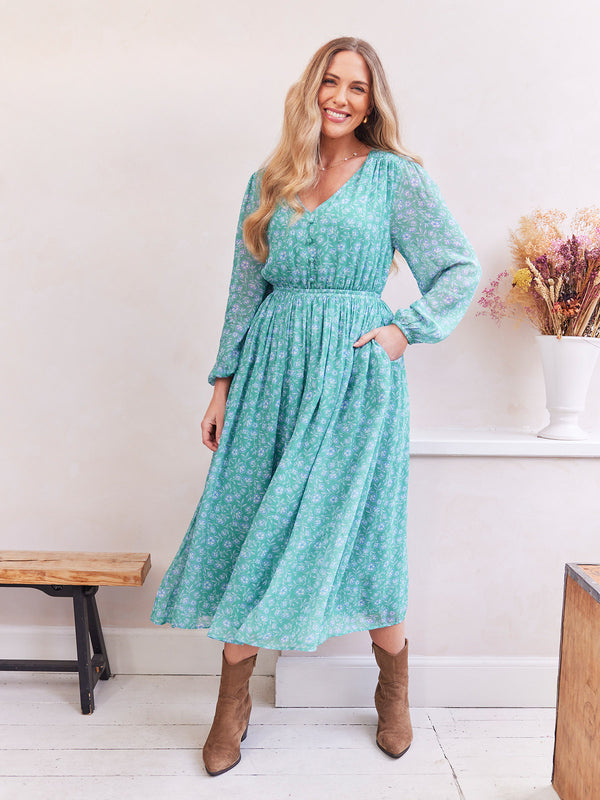 Isla Georgette Dress - Green Floral