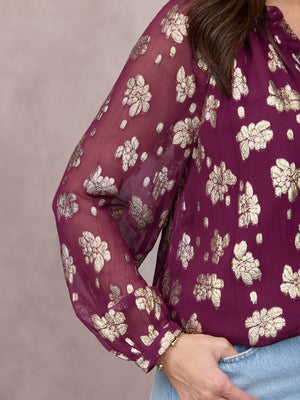 Niya Button Through Lurex Blouse - Plum & Gold