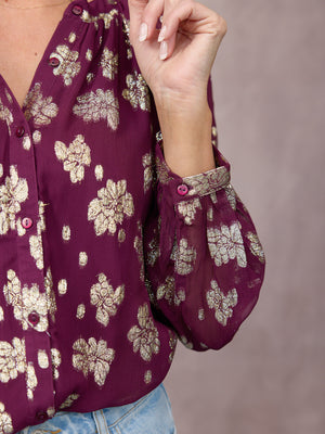 Niya Button Through Lurex Blouse - Plum & Gold