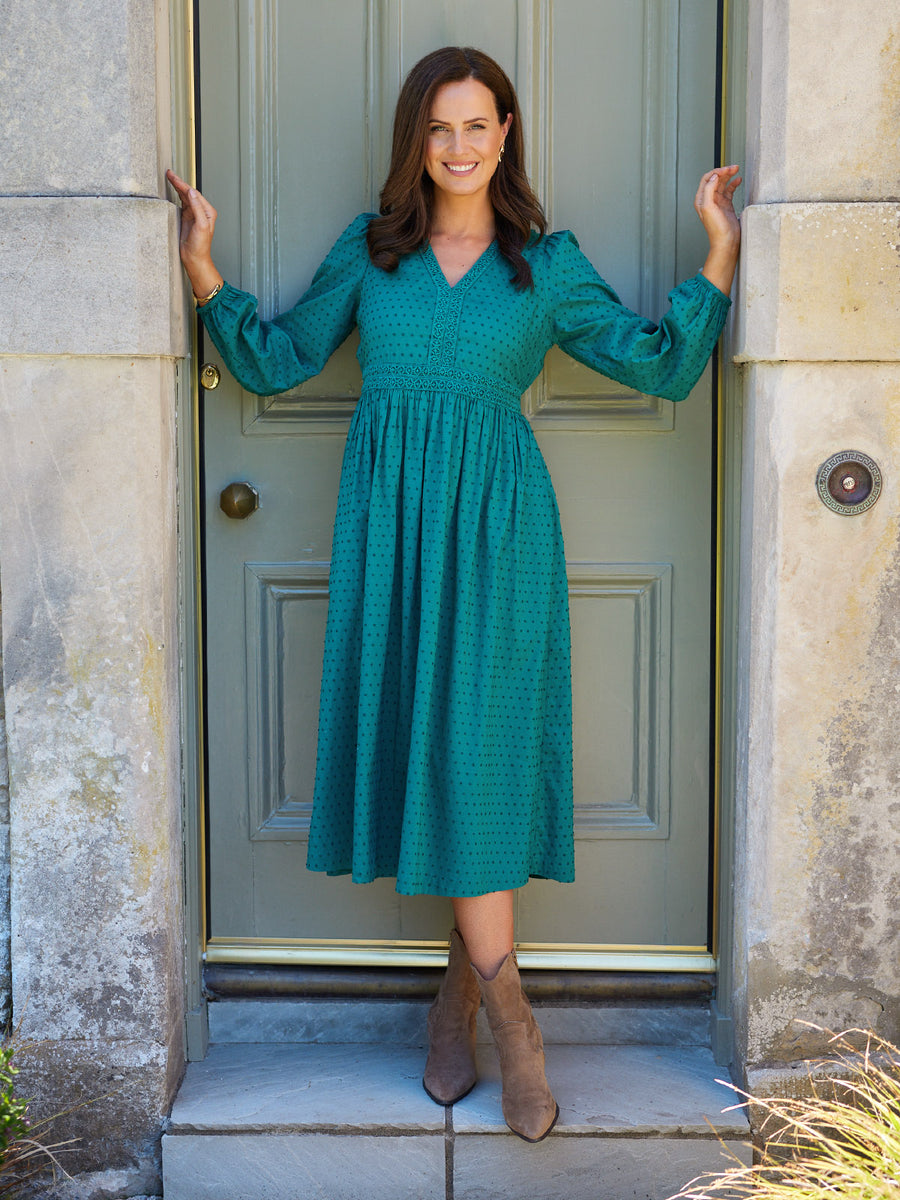 Luisa Swiss Dot Cotton Trim Detail Dress
