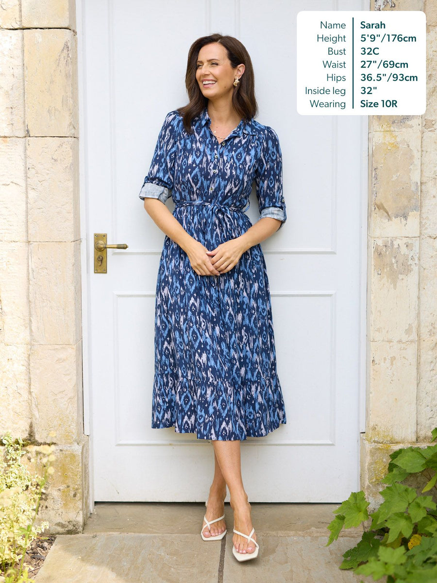 Kirsty Shirt Dress - Blue Ikat Print