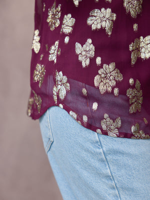 Niya Button Through Lurex Blouse - Plum & Gold