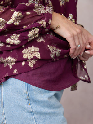 Niya Button Through Lurex Blouse - Plum & Gold