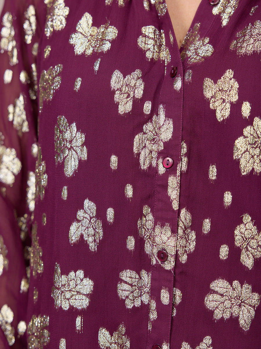 Niya Button Through Lurex Blouse - Plum & Gold