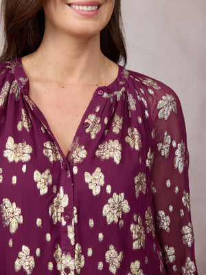 Niya Button Through Lurex Blouse - Plum & Gold