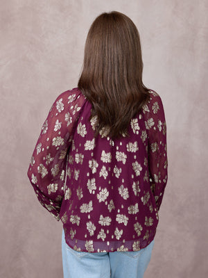 Niya Button Through Lurex Blouse - Plum & Gold
