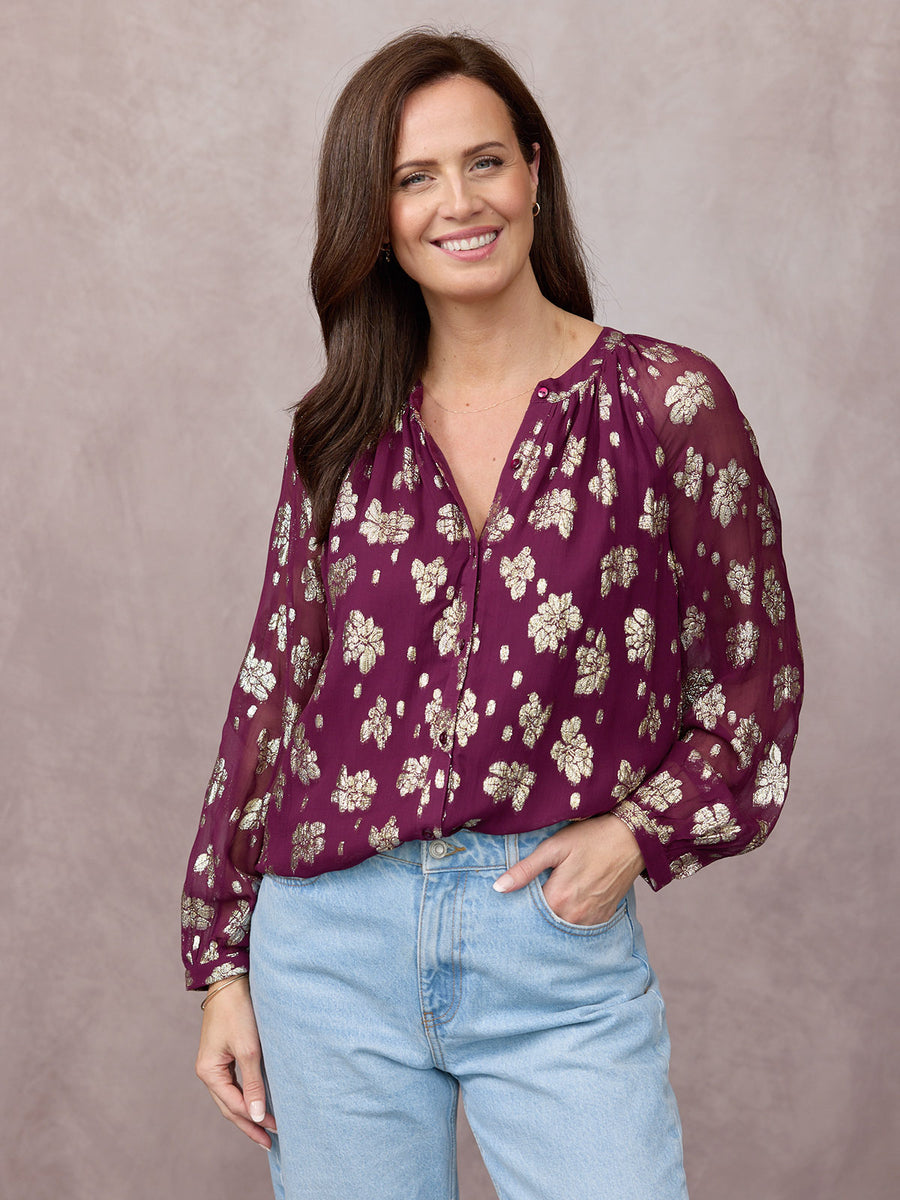 Niya Button Through Lurex Blouse - Plum & Gold