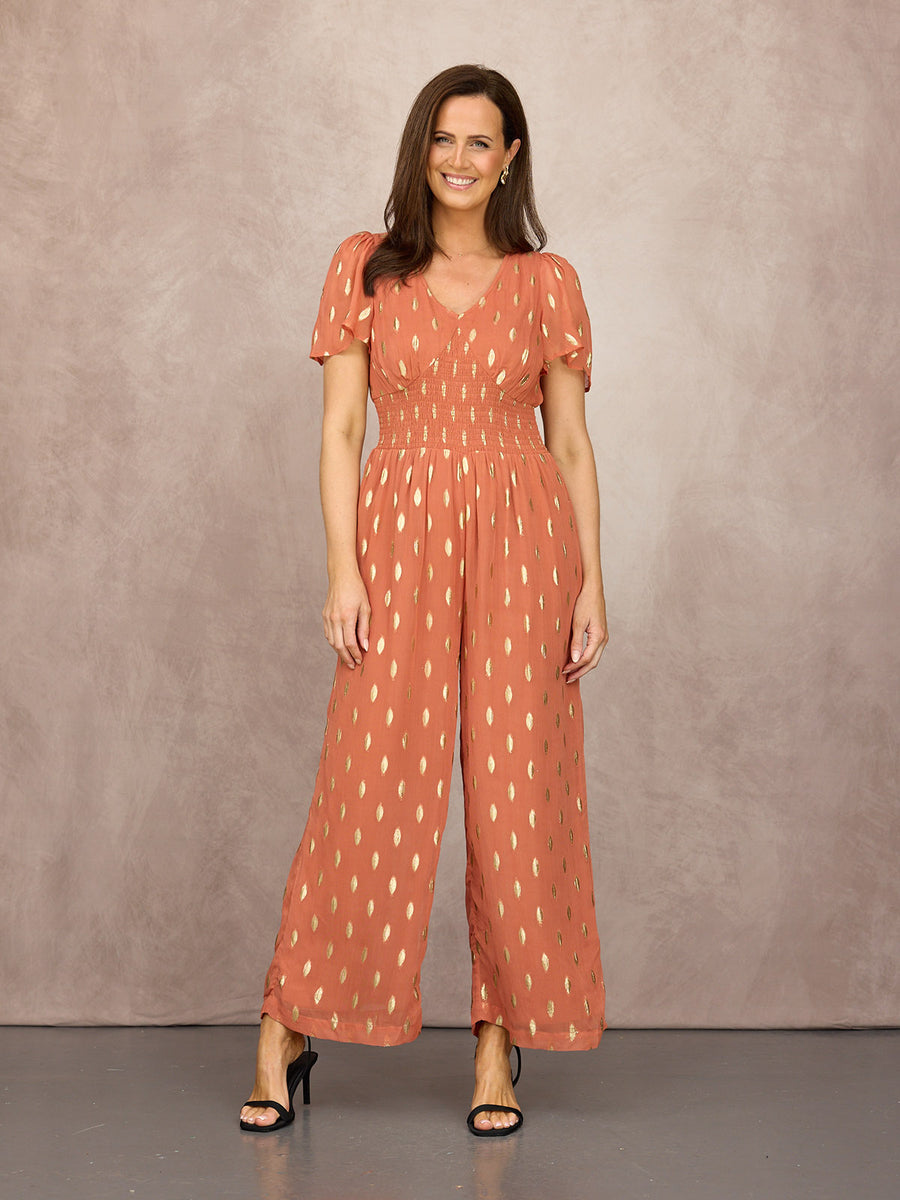 Shelly V-Neck Lurex Jumpsuit - Cinnamon & Gold