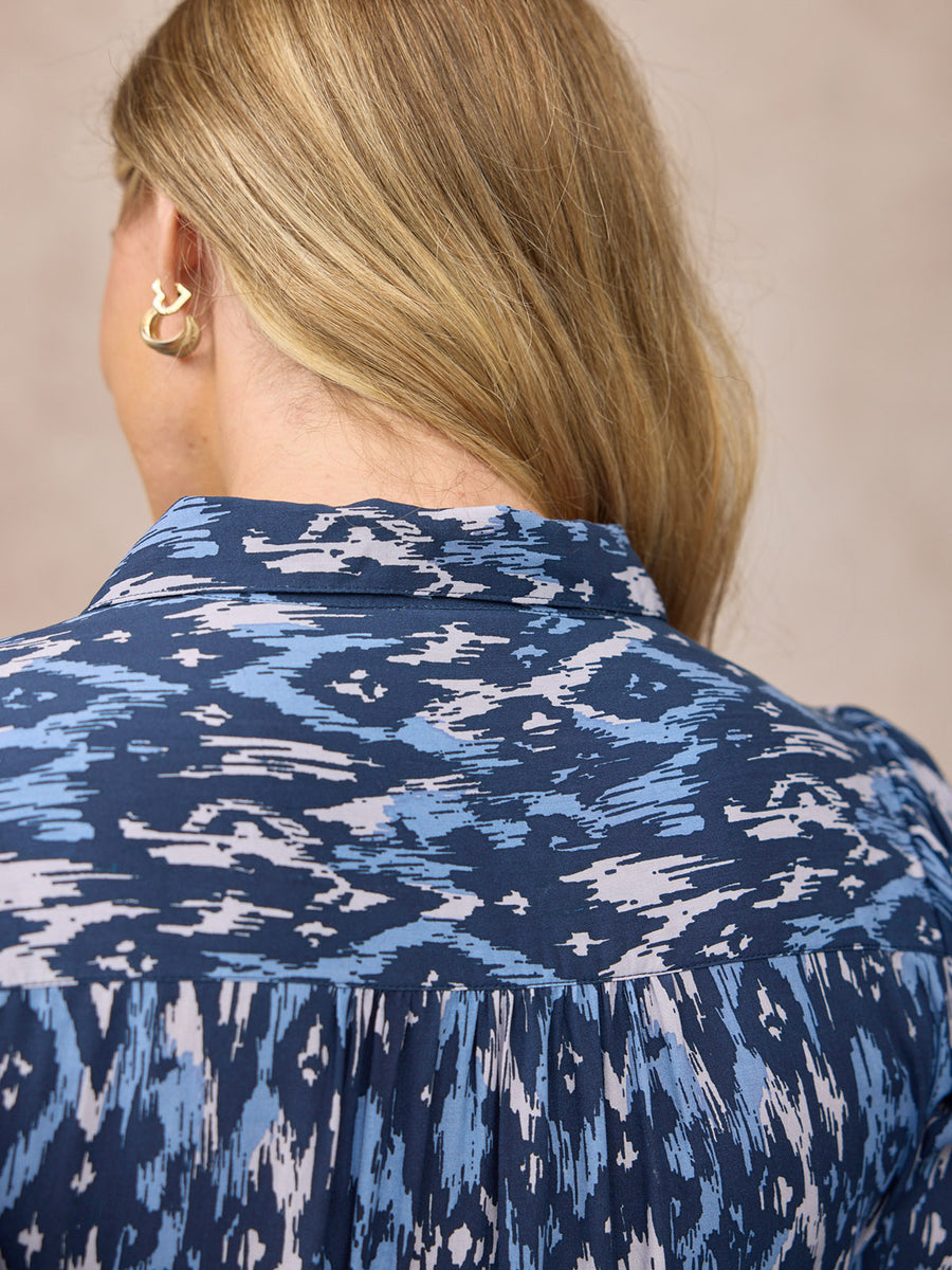 Kirsty Shirt Dress - Blue Ikat Print