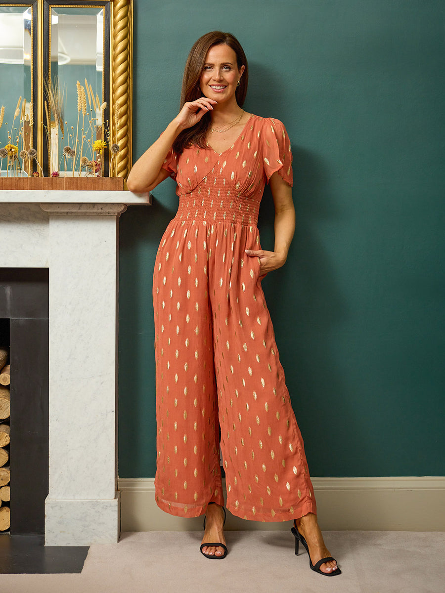 Shelly V-Neck Lurex Jumpsuit - Cinnamon & Gold