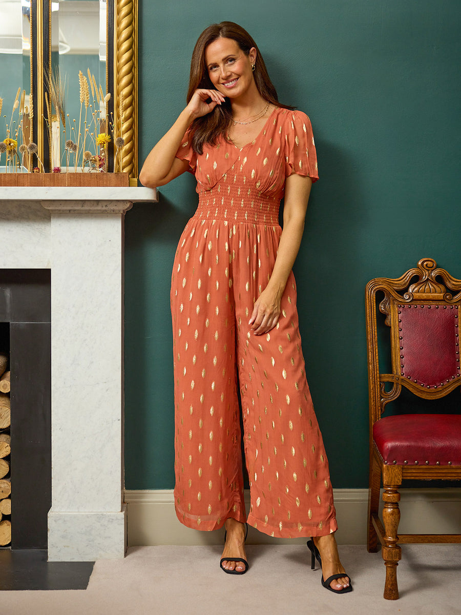 Shelly V-Neck Lurex Jumpsuit - Cinnamon & Gold