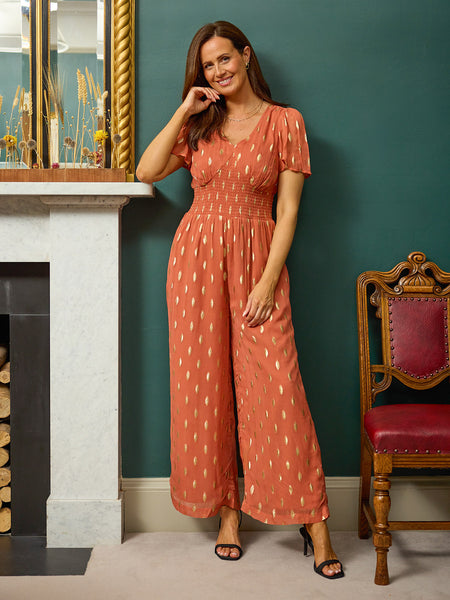 Shelly V-Neck Lurex Jumpsuit - Cinnamon & Gold