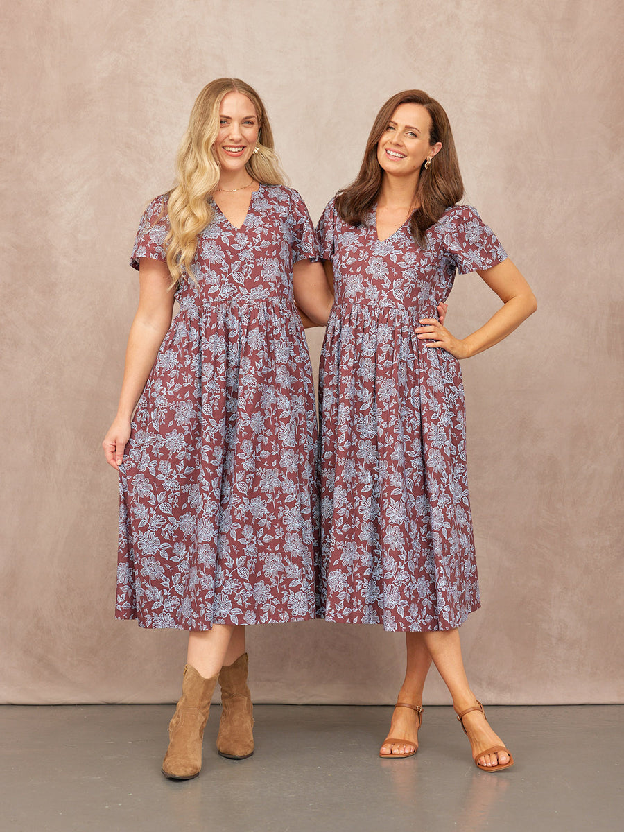 Leah Angel Sleeve Dress - Brown & Blue Floral Print