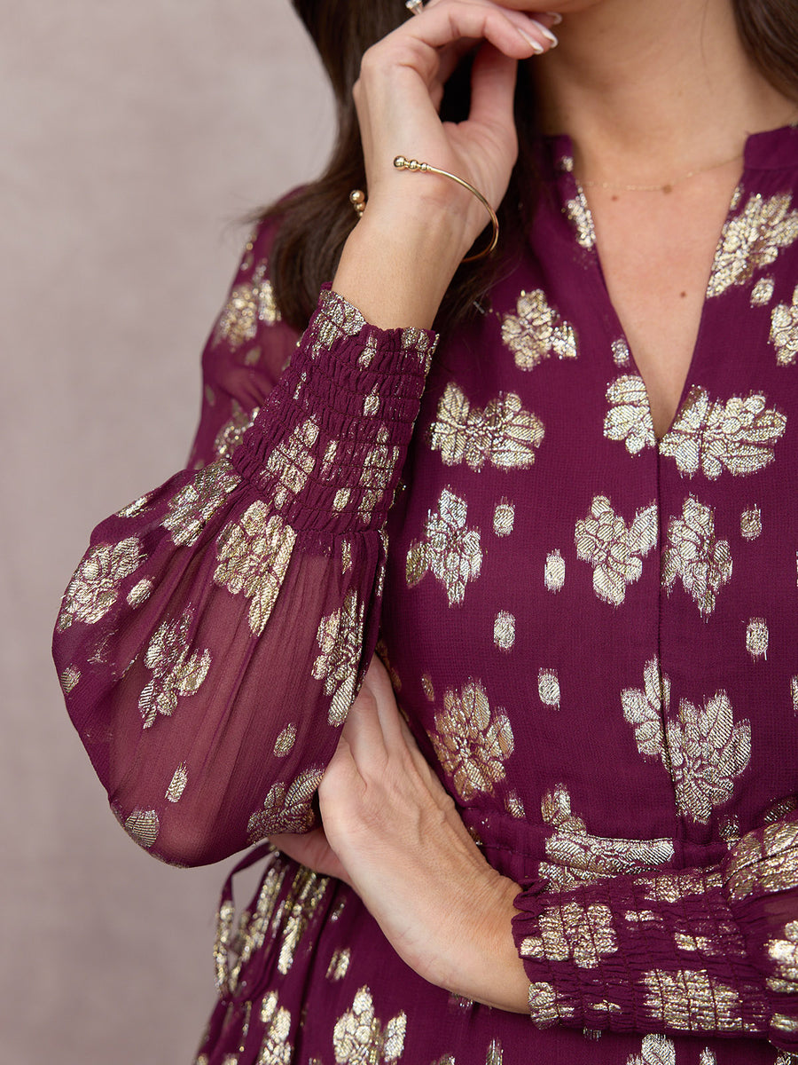 Libby Long Sleeve Floral Lurex Dress - Plum & Gold