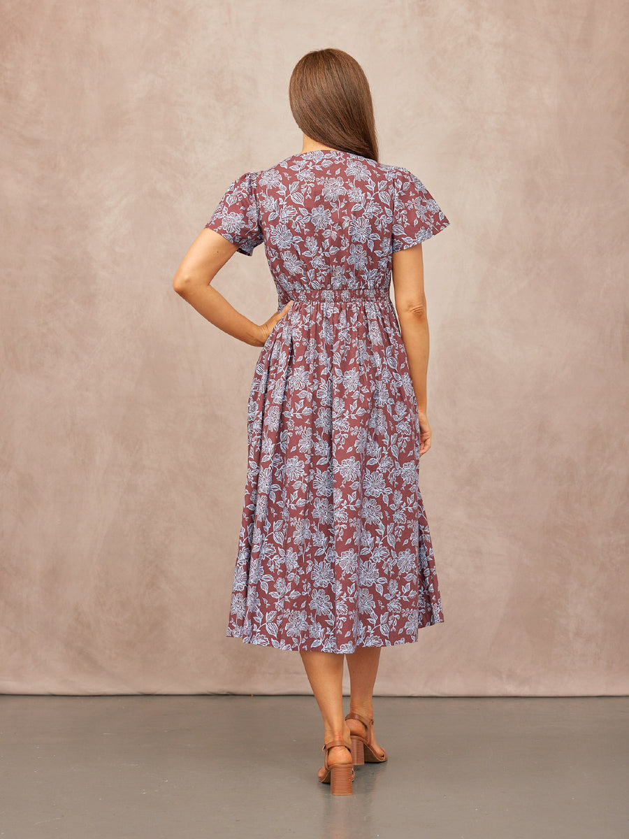 Leah Angel Sleeve Dress - Brown & Blue Floral Print