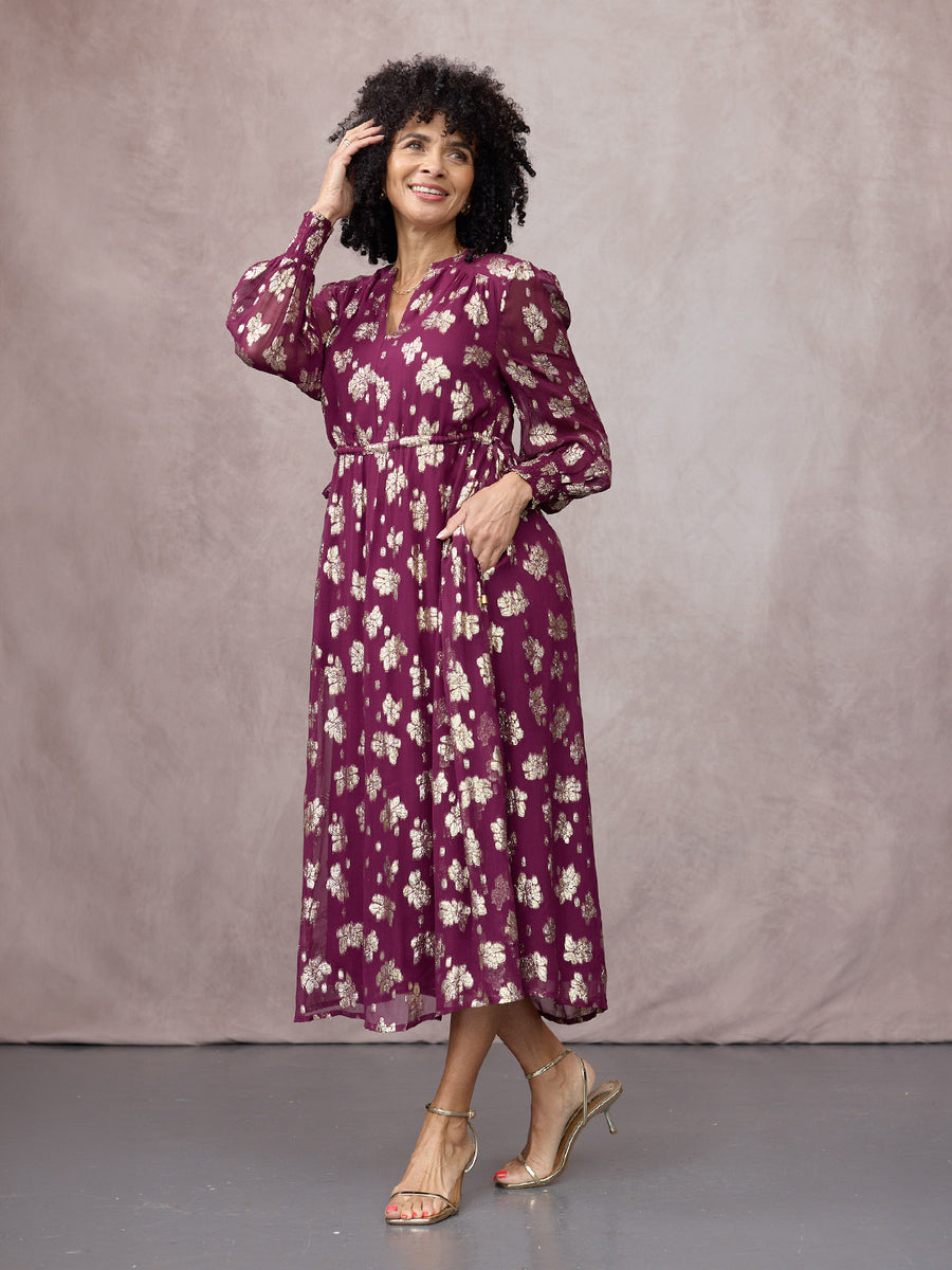 Libby Long Sleeve Floral Lurex Dress - Plum & Gold