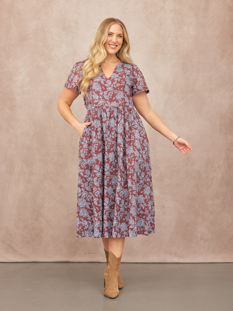 Leah Angel Sleeve Dress - Brown & Blue Floral Print