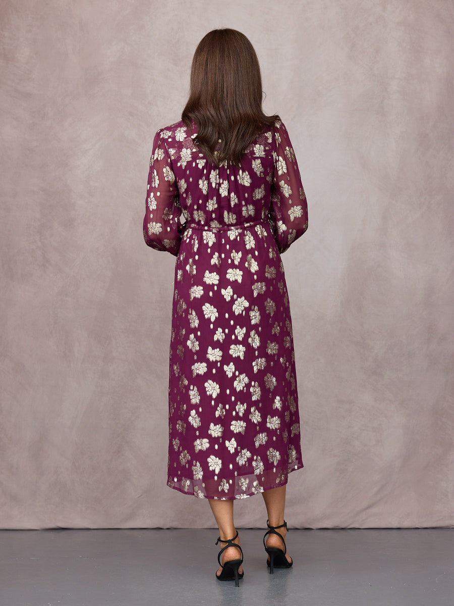 Libby Long Sleeve Floral Lurex Dress - Plum & Gold